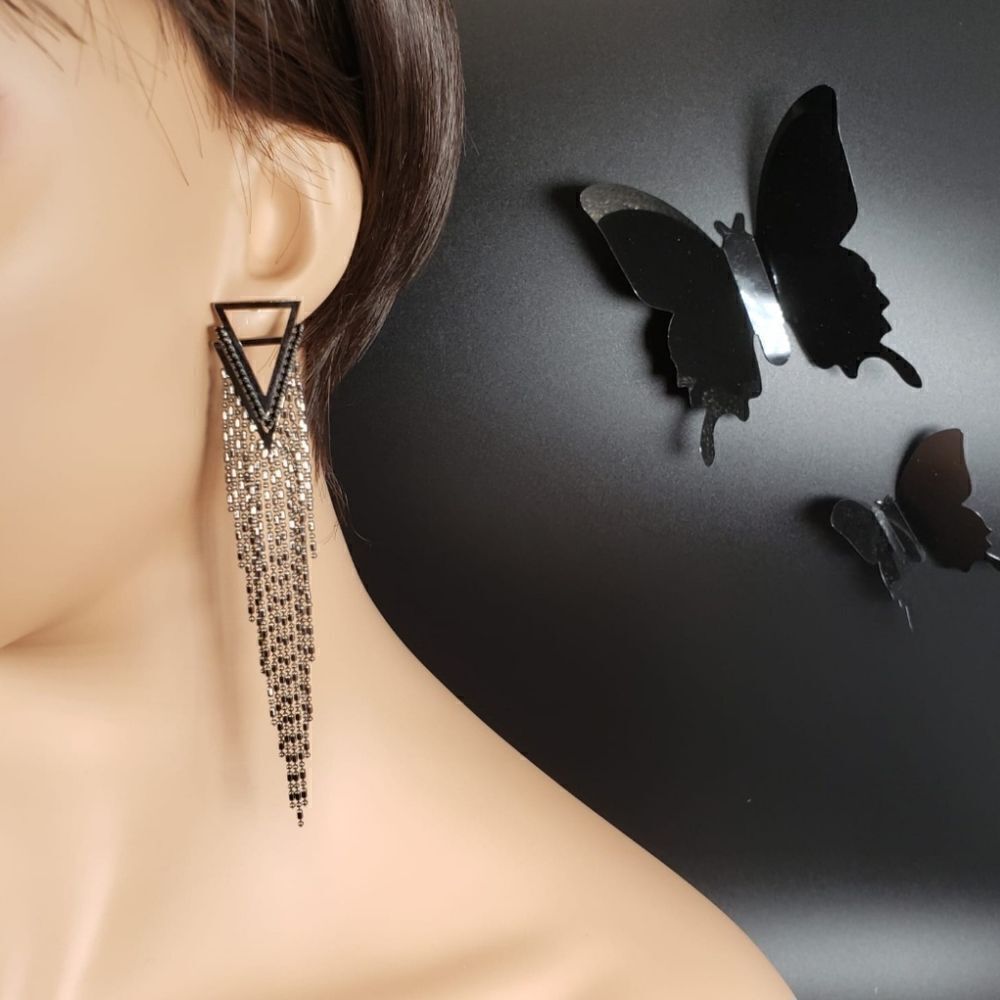 Brand New Black Triangle With Silver Dropping Earrings